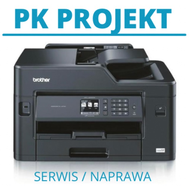 Czarna kserokopiarka Brother z panelem sterowania, na białym tle, z napisem 'PK PROJEKT' u góry i 'SERWIS / NAPRAWA' na dole.