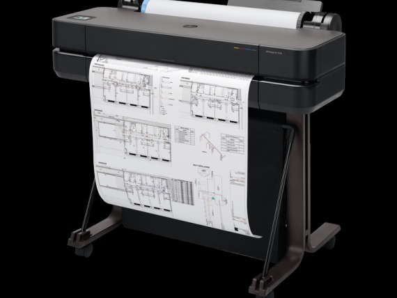 Nowoczesna kserokopiarka wielkoformatowa HP DesignJet z wydrukowanym planem architektonicznym, widoczna rolka papieru na górze urządzenia.