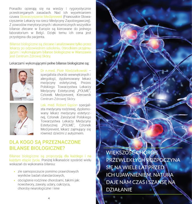 Ulotka DL składana, branża medyczna, przedstawiająca informacje o bilansach biologicznych i lekarzach wykonujących je, z ilustracją neuronów w tle.