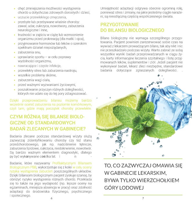 Ulotka informacyjna o bilansie biologicznym w branży medycznej, z motywem świeżości: plasterek limonki, gałązka mięty i kostka lodu.