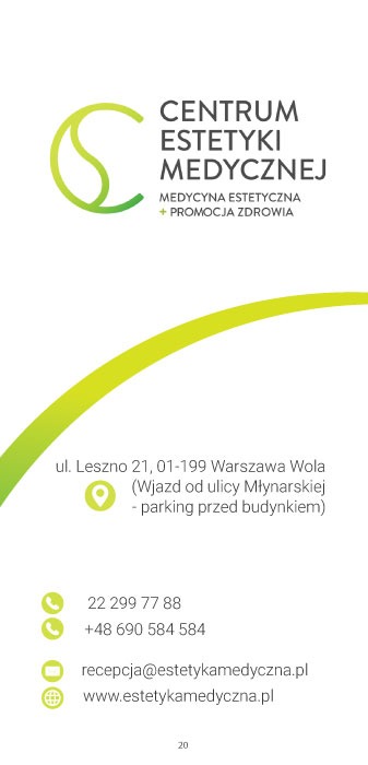 Składana ulotka DL promująca centrum estetyki medycznej, z logo w odcieniach zieleni i adresem w Warszawie.