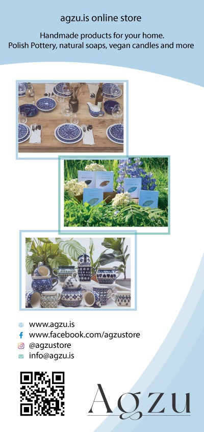 Reklamowa grafika przedstawiająca trzy kadry: zastawiony stół z niebieską ceramiką, kosmetyki naturalne na tle zieleni oraz kolekcję ceramiki na tle domowych roślin.