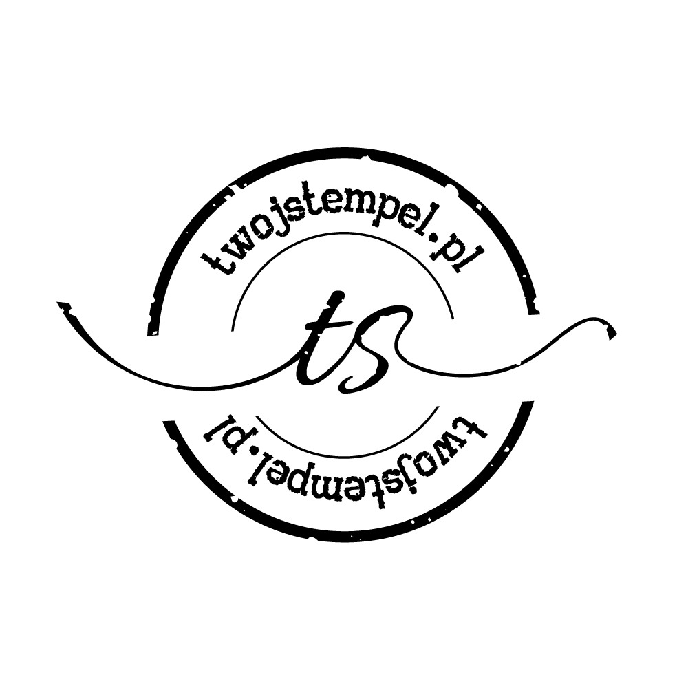Czarno-białe logo firmy TwojStempel.pl z inicjałami TS wewnątrz okręgu, stylizowane na odcisk stempla.