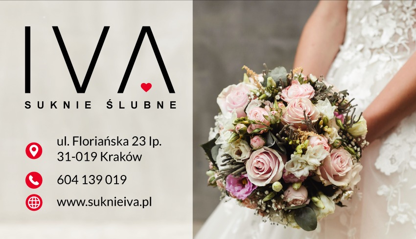 Wizytówka firmy Iva Suknie Ślubne z adresem w Krakowie, numerem telefonu i adresem strony internetowej, obok bukiet ślubny trzymany przez osobę w sukni ślubnej.