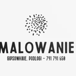 Czarno-białe logo firmy oferującej usługi: malowanie, gipsowanie i podłogi, z numerem telefonu 791791658 i graficznym symbolem przypominającym chmurę kropek.