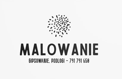Czarno-białe logo firmy oferującej usługi: malowanie, gipsowanie i podłogi, z numerem telefonu 791791658 i graficznym symbolem przypominającym chmurę kropek.