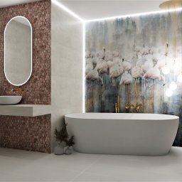Izudesign - Nowoczesna łazienka z owalnym lustrem podświetlanym LED, umywalką nablatową, mozaiką heksagonalną na ścianie, wolnostojącą wanną i tapetą z motywem flamingów.