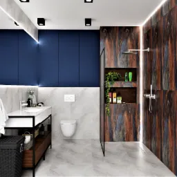 Nowoczesna łazienka z niebieskimi szafkami, marmurowymi płytkami, kabiną prysznicową typu walk-in i drewnianymi akcentami, oświetlona ledowym paskiem.