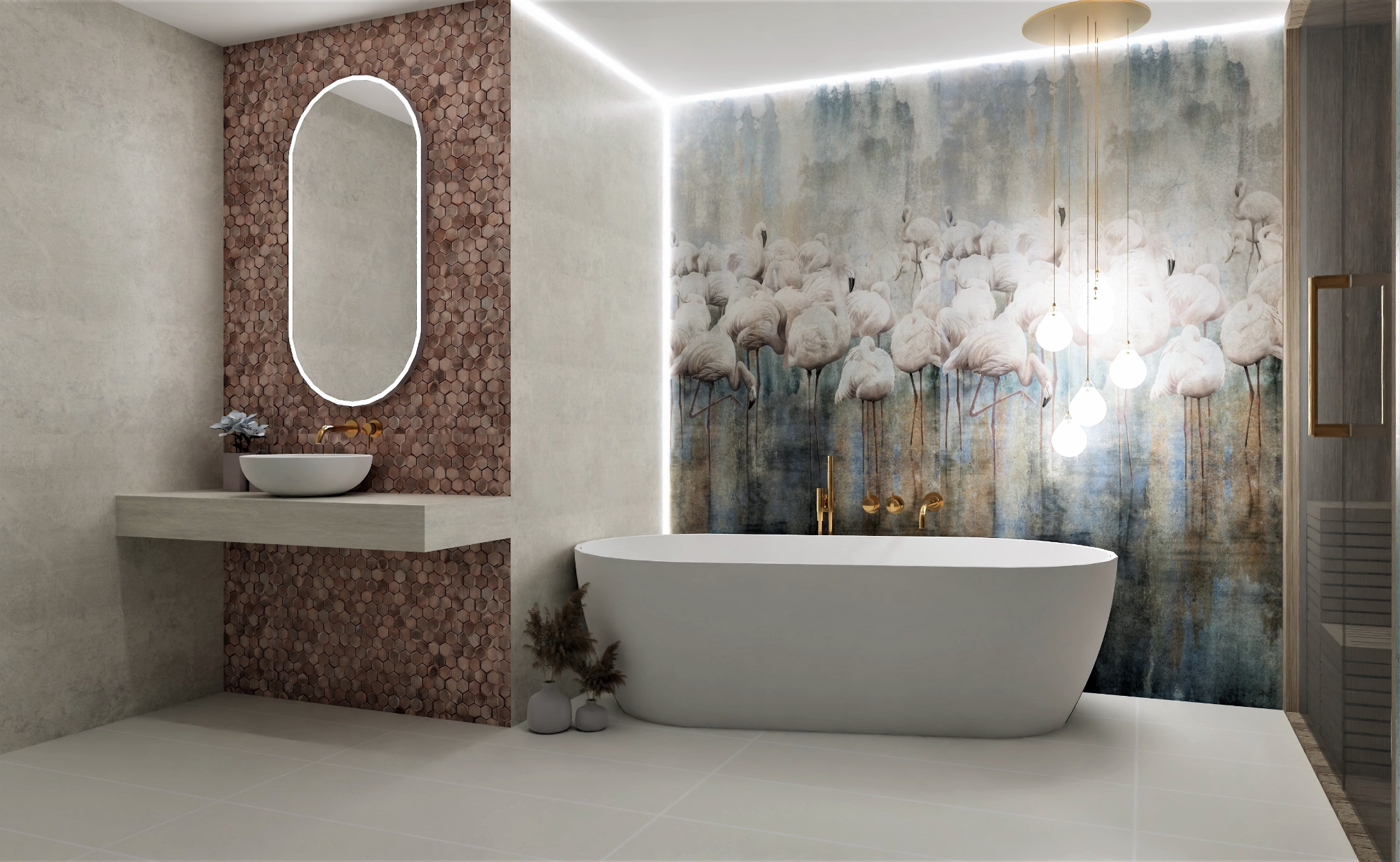 Nowoczesna łazienka z owalnym lustrem podświetlanym LED, umywalką nablatową, mozaiką heksagonalną na ścianie, wolnostojącą wanną i tapetą z motywem flamingów.