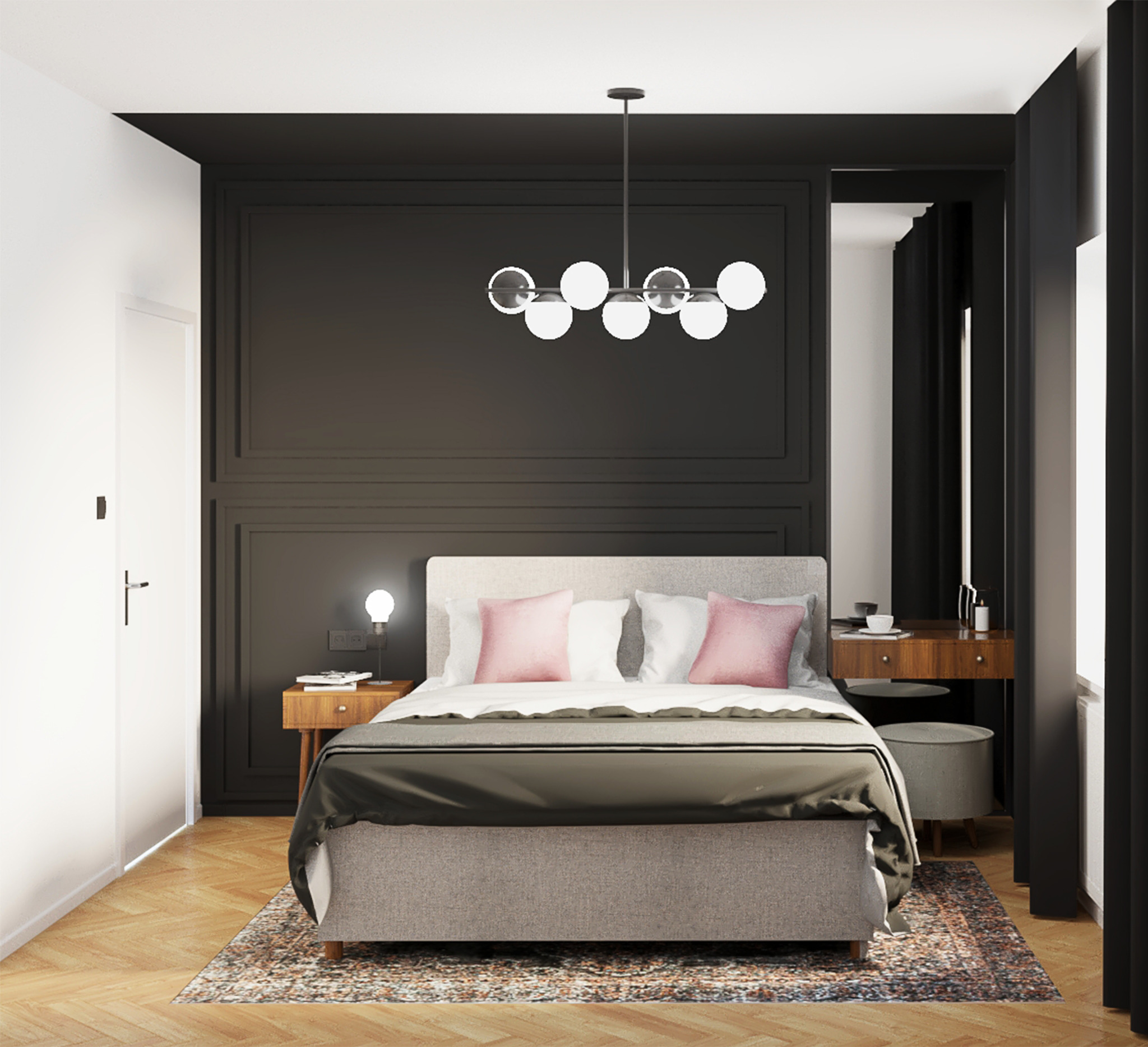 Nowoczesna sypialnia z łóżkiem kontynentalnym, ciemną ścianą z dekoracyjnymi listwami, kulistą lampą sufitową i drewnianą toaletką przy oknie.