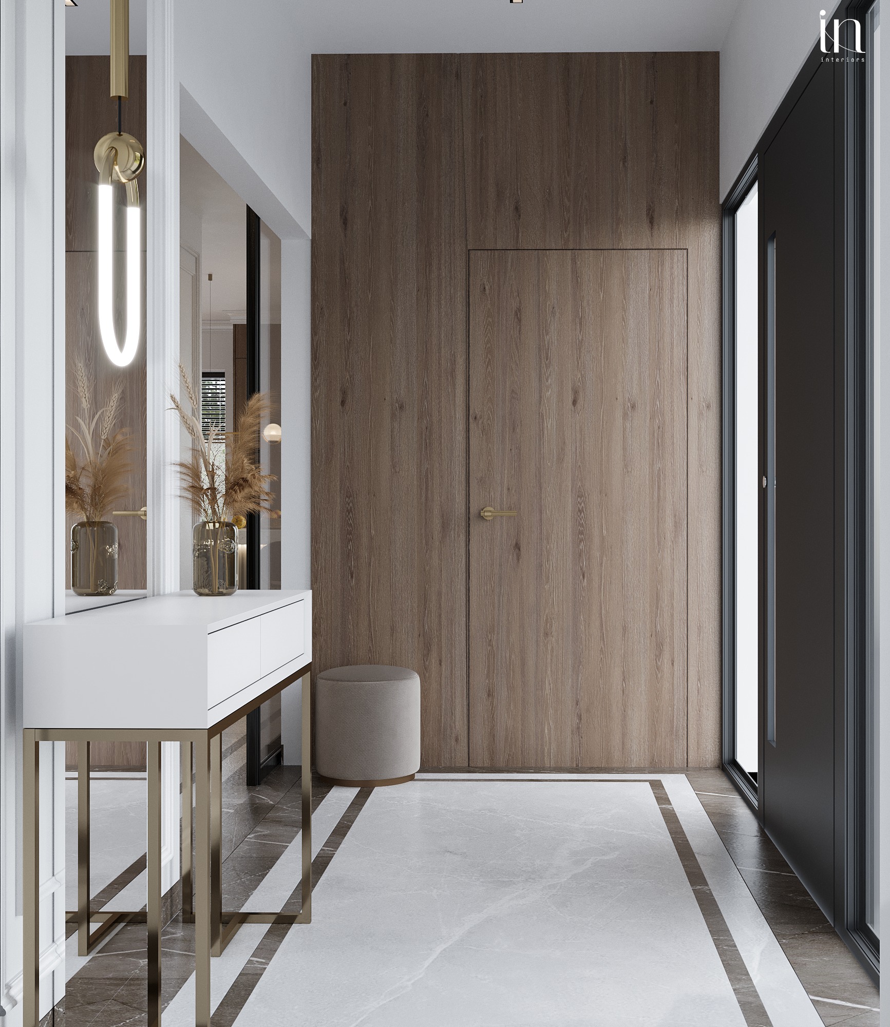 Nowoczesny przedpokój z białą konsolą, lustrem z podświetleniem LED, drewnianą zabudową ściany z ukrytymi drzwiami i marmurową podłogą.