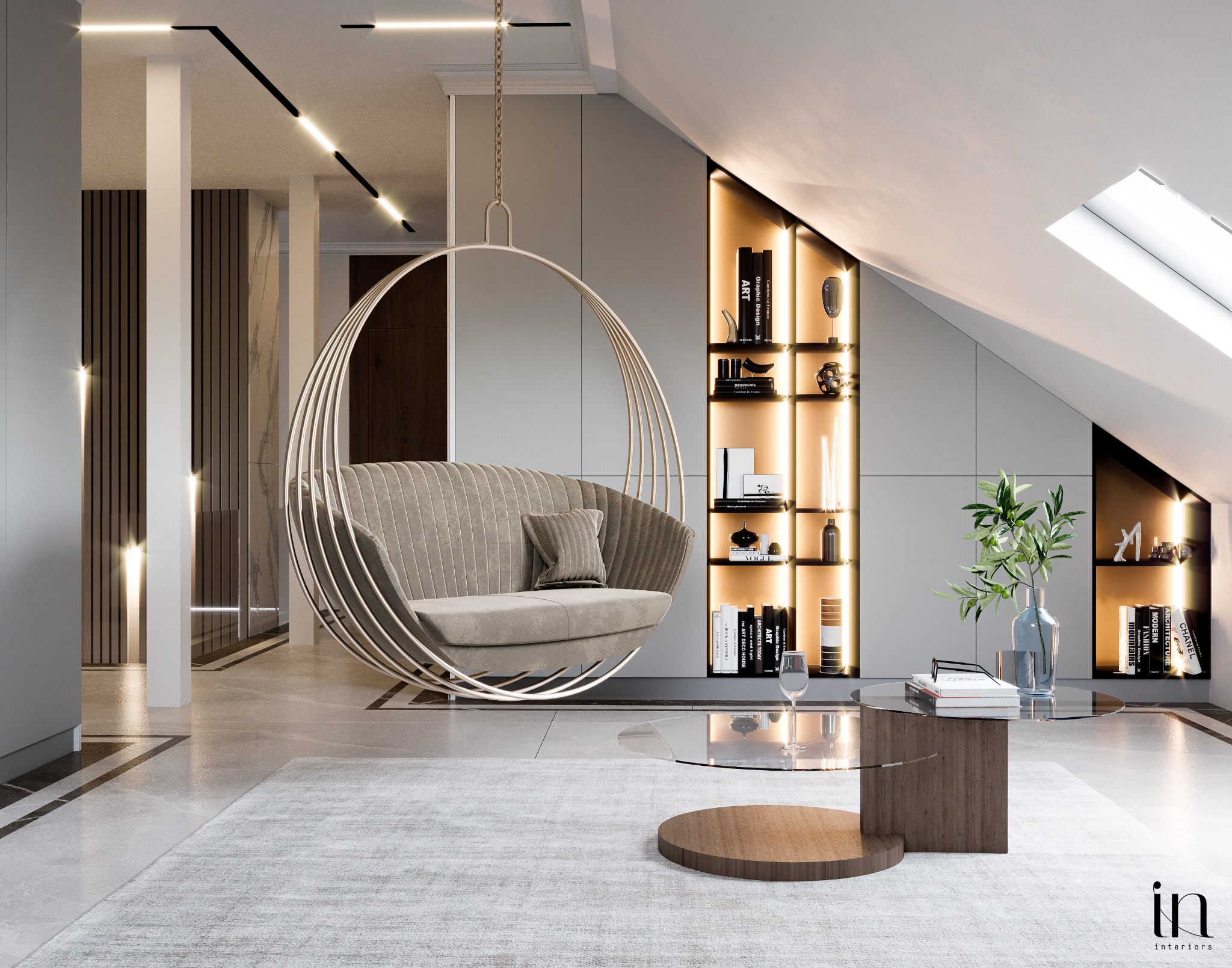 Nowoczesny salon na poddaszu z wiszącym fotelem, szklanym stolikiem kawowym, podświetlanymi półkami z książkami i dekoracjami, oraz dywanem w neutralnych barwach.