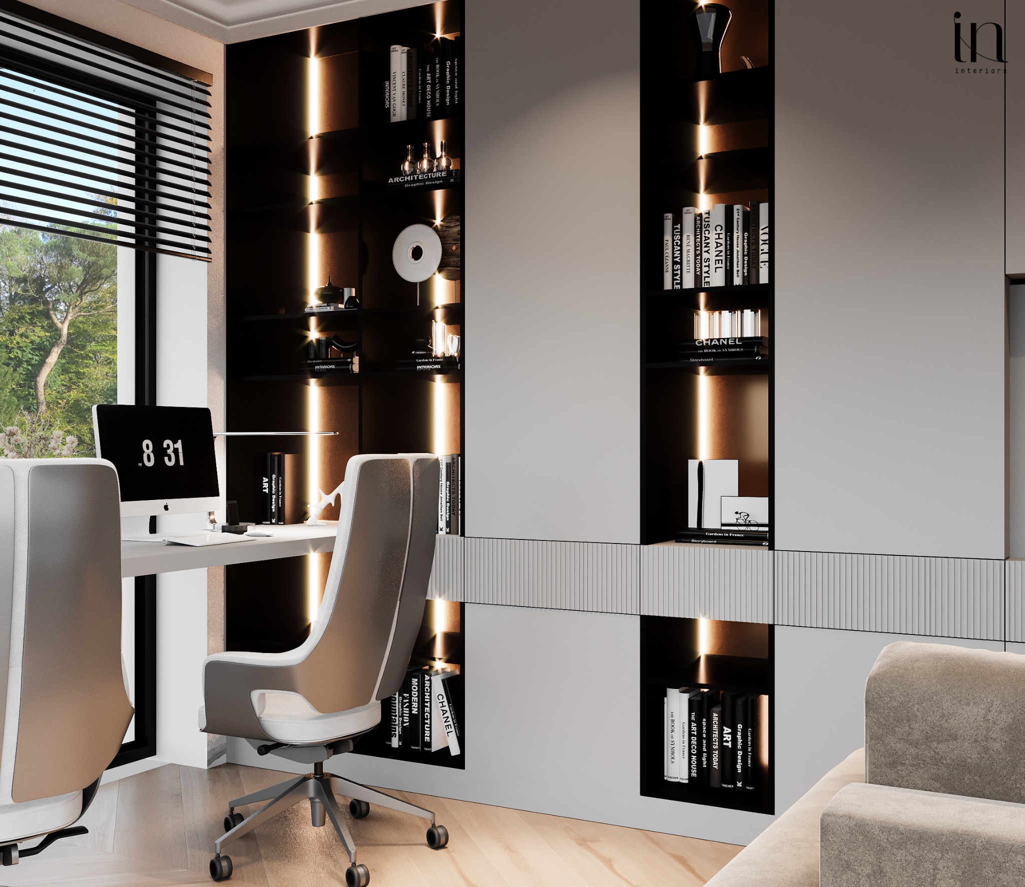 Nowoczesne biuro domowe z białym biurkiem, krzesłami obrotowymi i regałami z książkami podświetlonymi ledami, widok przez okno z żaluzjami.