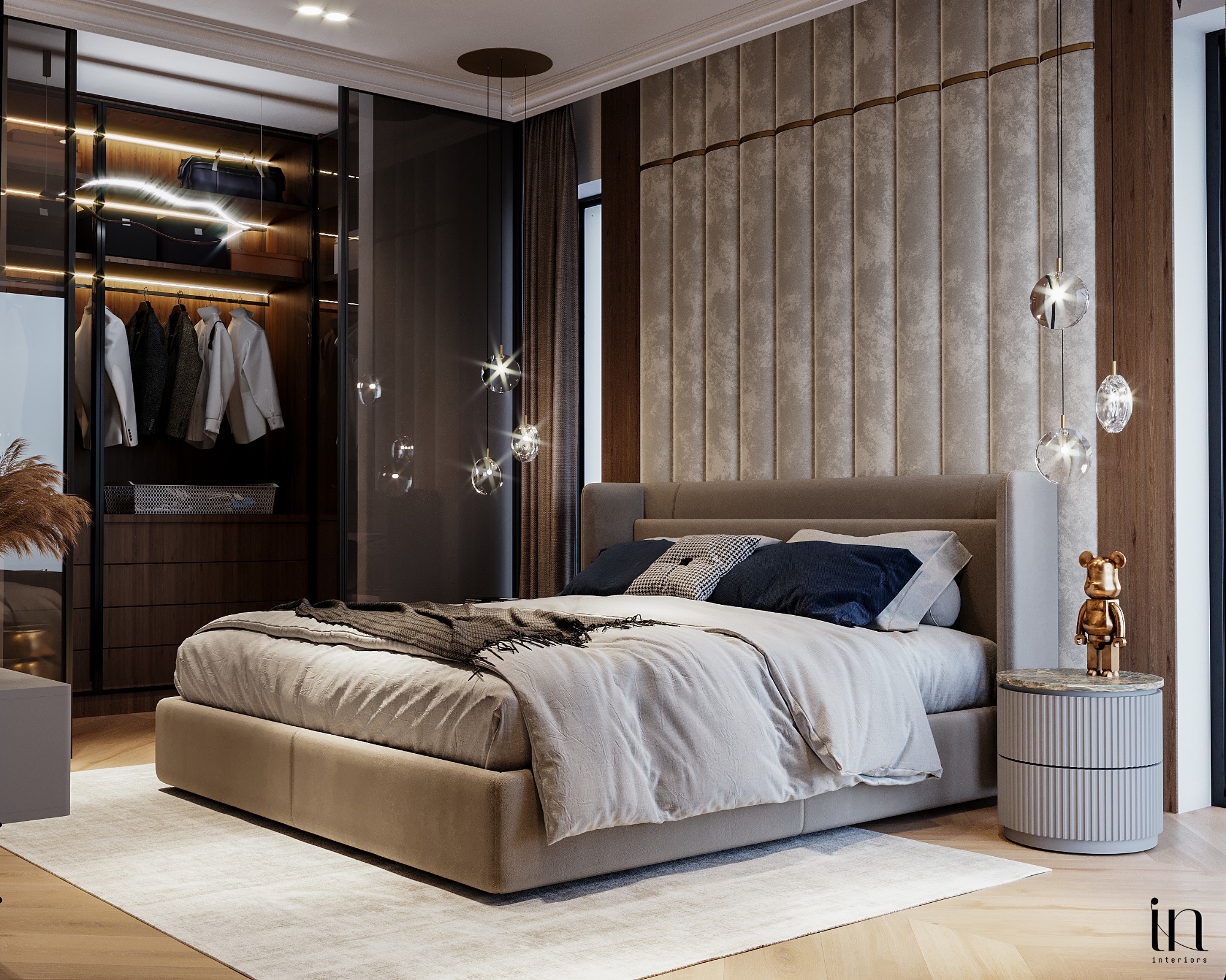 Elegancka sypialnia z łóżkiem kontynentalnym, tapicerowanym panelem ściennym, szafą z podświetleniem LED i designerską lampką nocną w formie figurki.