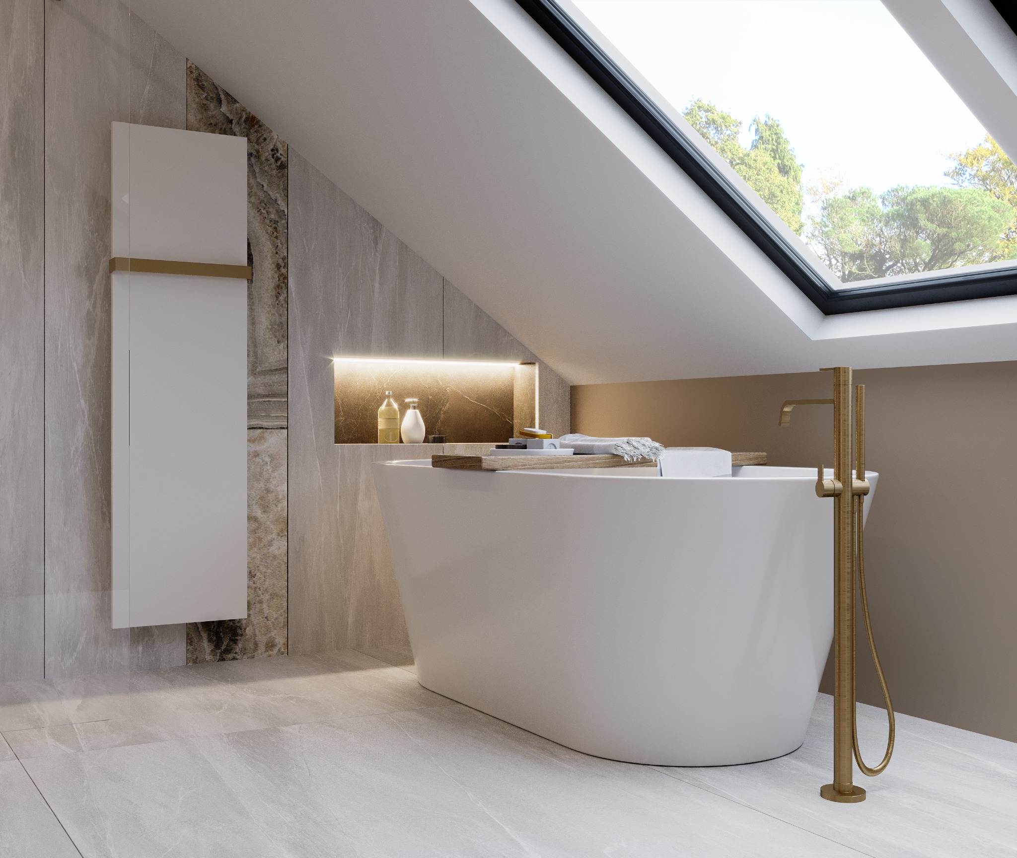 Nowoczesna łazienka na poddaszu w Szczecinie z białą wanną wolnostojącą, złotą armaturą i oknem dachowym, wykończona płytkami imitującymi marmur.
