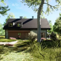 Wizualizacja domu jednorodzinnego z ciemną dachówką i elewacją z elementami drewna i kamienia, otoczonego zielenią i ścieżką z kamienia, z widocznym logo firmy projektowej w prawym dolnym rogu.