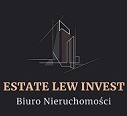 Graficzne logo firmy Estate Lew Invest Biuro Nieruchomości na ciemnym tle, przedstawiające abstrakcyjny zarys budynku z przesuniętymi bryłami i cienkimi liniami.