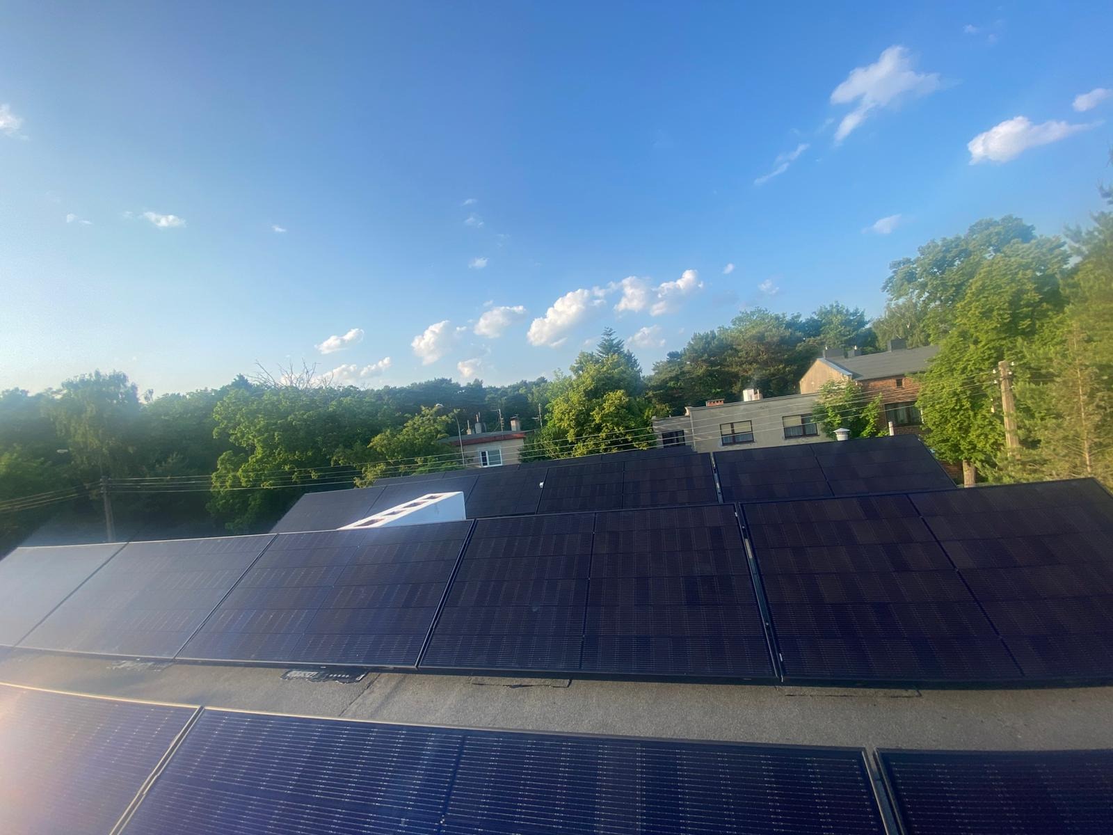 Panele fotowoltaiczne na dachu budynku, widok z góry w słoneczny dzień. W tle zieleń drzew i błękitne niebo z lekkimi obłokami. Widoczne moduły w dolnej części kadru.