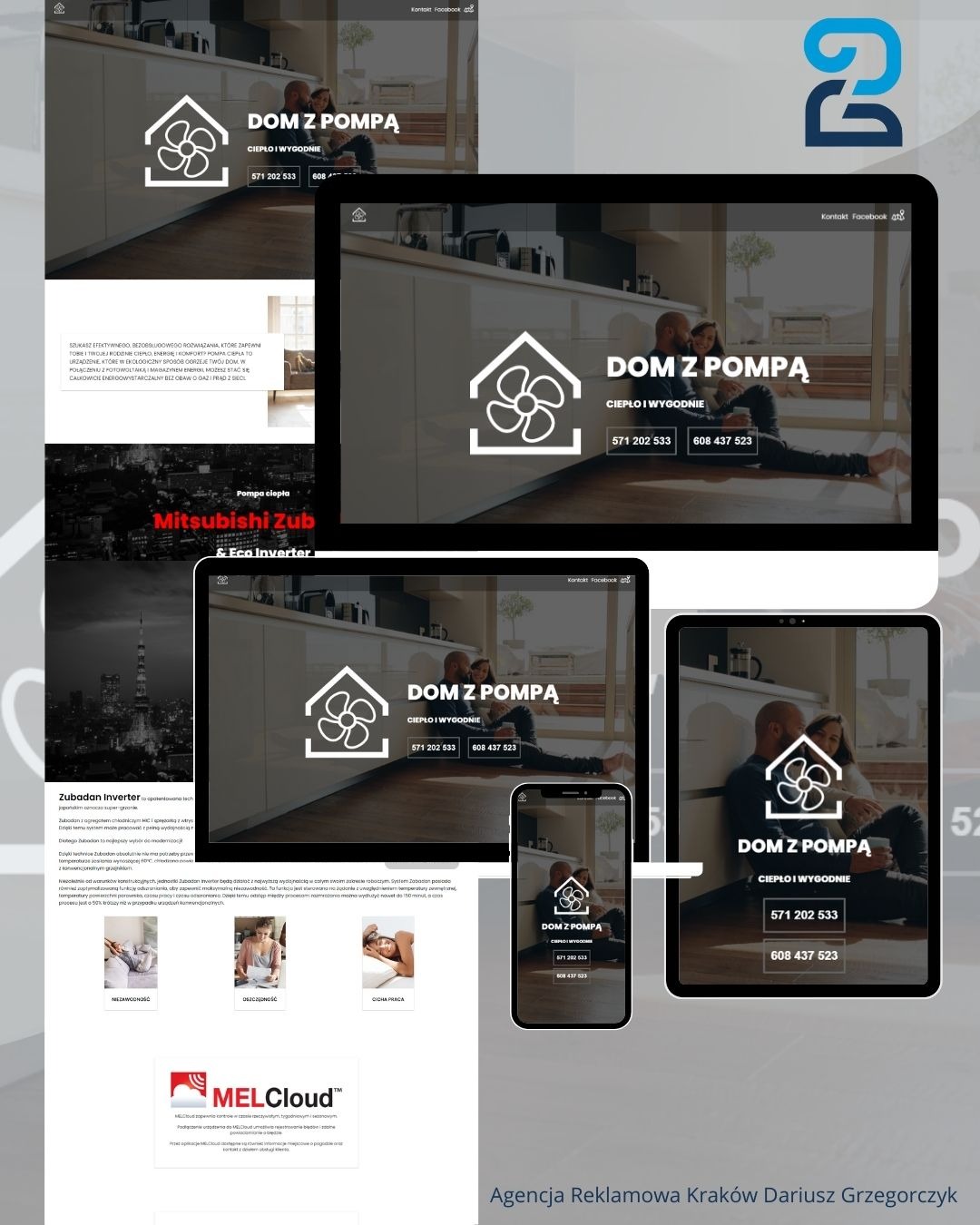 Responsywna strona internetowa na różnych urządzeniach (telefon, tablet, laptop) prezentująca firmę 'Dom z Pompą' oferującą ciepło i wygodę, z widocznym logo i danymi kontaktowymi.