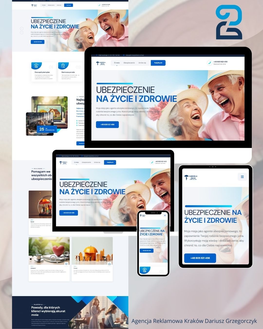 Responsywny projekt strony internetowej agencji ubezpieczeniowej, wyświetlany na laptopie, tablecie i smartfonie, prezentujący radosną parę seniorów w kapeluszach i hasło 'Ubezpieczenie na życie...