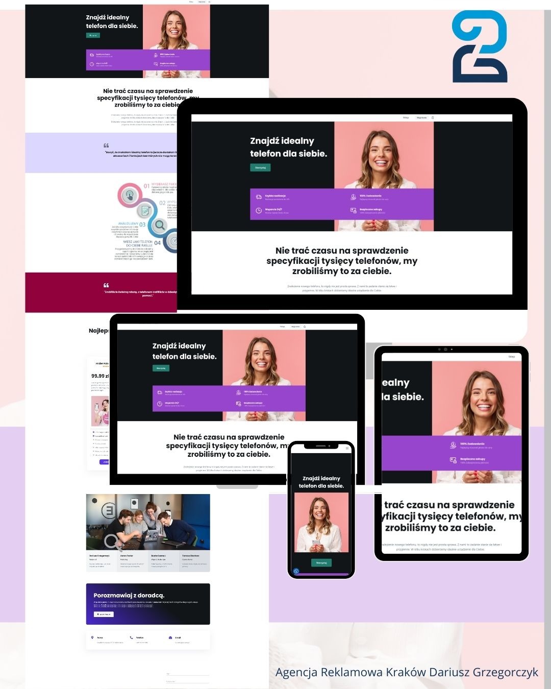 Prezentacja responsywnej strony internetowej na różnych urządzeniach: laptopie, tablecie i smartfonie, z motywem przewodnim 'Znajdź idealny telefon dla siebie' i uśmiechniętą kobietą w tle.
