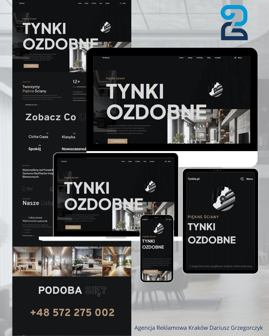 Prezentacja responsywnej strony internetowej na laptopie, tablecie i smartfonie, promującej tynki ozdobne, z widocznym logo firmy i numerem telefonu kontaktowego.
