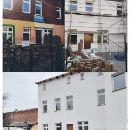 Fotografia przedstawia budynek przed, w trakcie i po remoncie, ukazując transformację elewacji oraz otoczenia. Widoczne rusztowania, sterty materiałów budowlanych oraz baner reklamowy firmy...