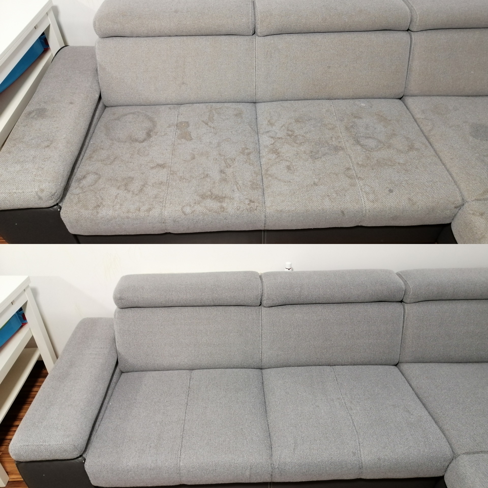 Zdjęcie przedstawia fragment szarej, narożnej kanapy przed i po czyszczeniu, ukazując różnicę w wyglądzie tapicerki.