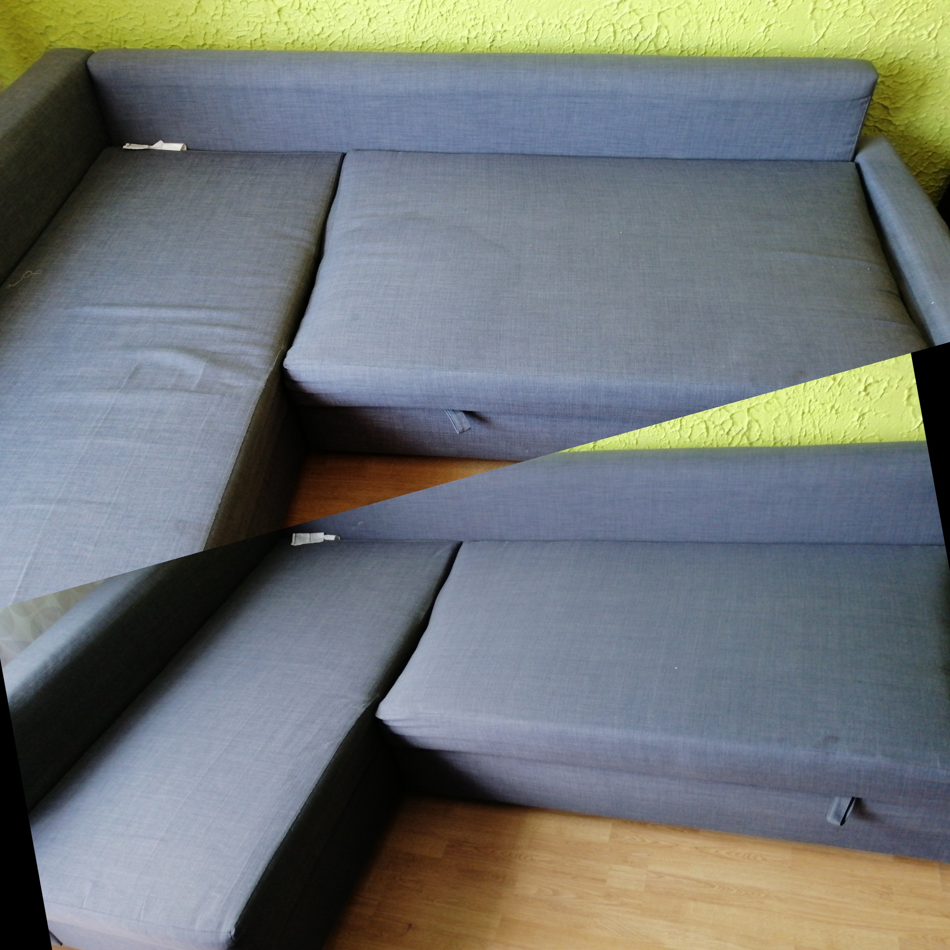 Szara, narożna kanapa z widocznymi śladami użytkowania, ujęta pod kątem, z fragmentem żółtej ściany w tle i drewnianą podłogą.