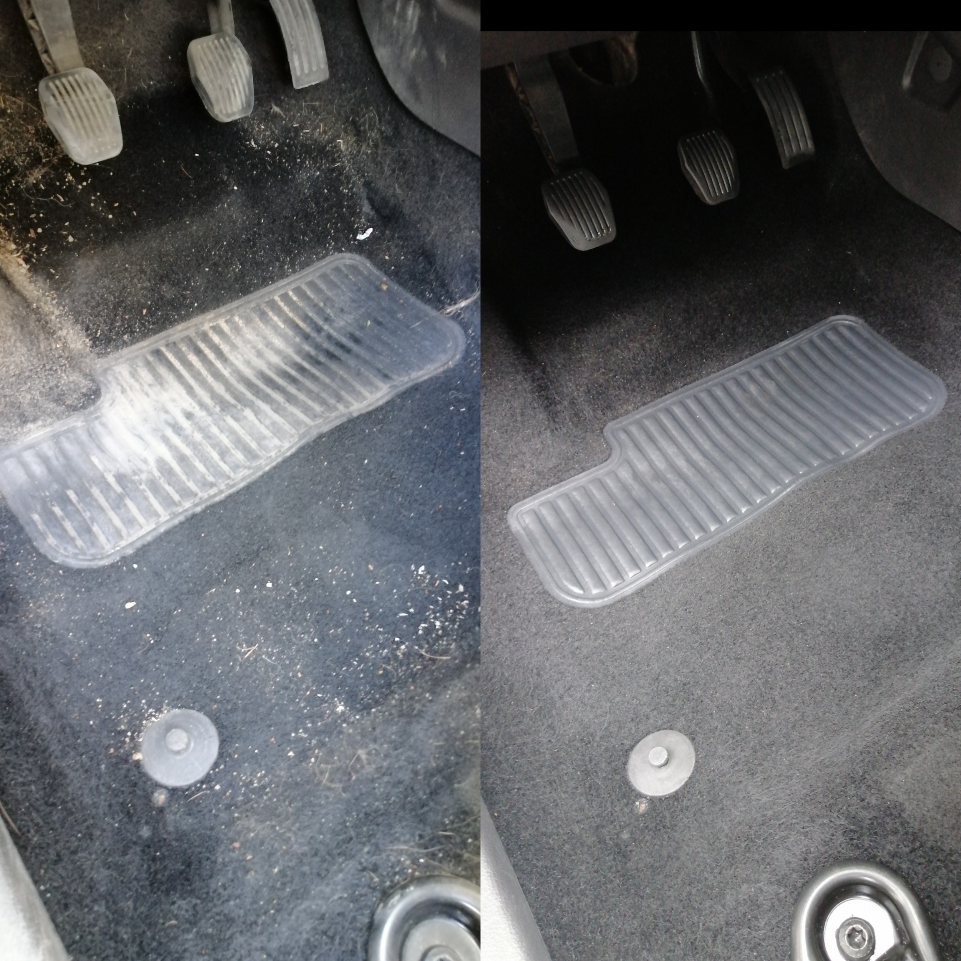Porównanie dywanika samochodowego i podłogi przed i po czyszczeniu, widoczne pedały i mocowanie dywanika.