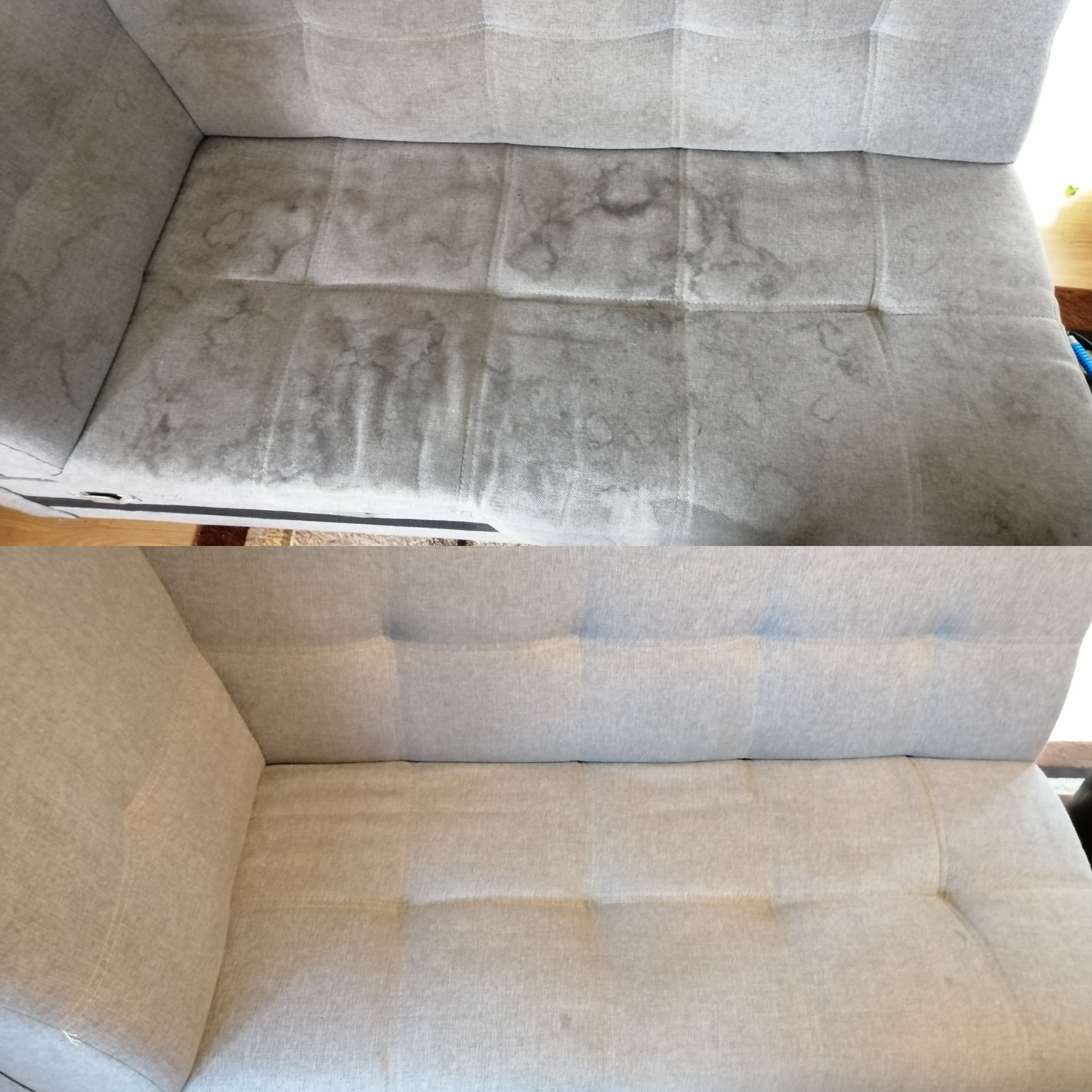 Porównanie: fragment szarej kanapy przed i po czyszczeniu, widoczne znaczne różnice w wyglądzie tapicerki.
