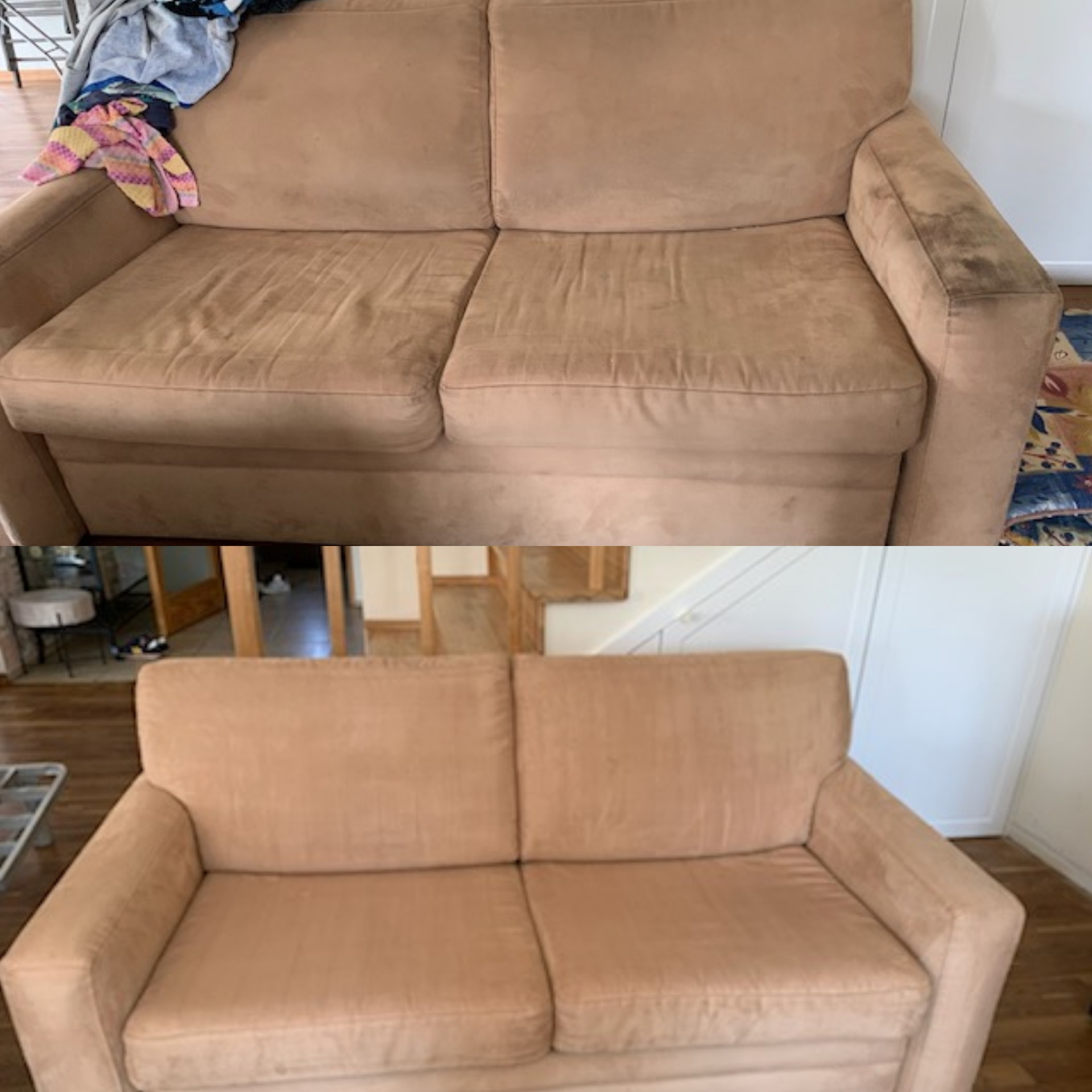 Zdjęcie przedstawia dwuetapowe ujęcie sofy: górna część pokazuje sofę przed czyszczeniem, z widocznymi plamami na podłokietniku i siedzisku, a dolna część prezentuje sofę po czyszczeniu, odświeżoną...