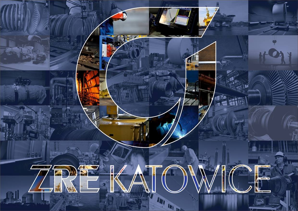 Kompozycja zdjęć przedstawiająca różne etapy procesów przemysłowych, od obróbki metalu i spawania po turbiny i platformy wiertnicze, z logo firmy ZRE Katowice na pierwszym planie.