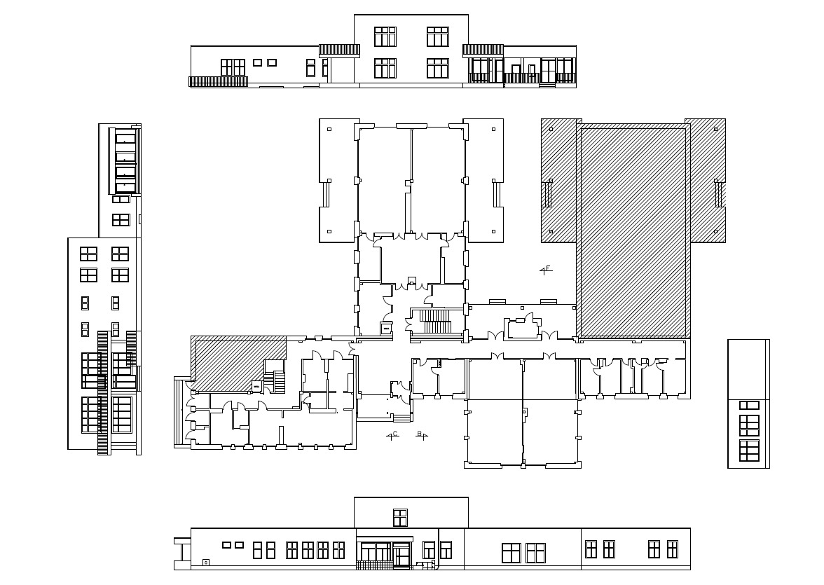 Techniczny rysunek architektoniczny budynku usługowego, zawierający rzut z góry, elewację frontową i boczną, z zaznaczonymi pomieszczeniami i detalami konstrukcyjnymi.