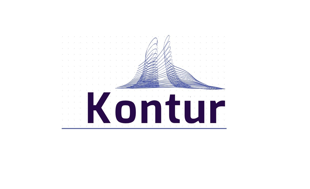 Logo firmy Kontur z abstrakcyjnym, niebieskim symbolem architektonicznym powyżej nazwy.