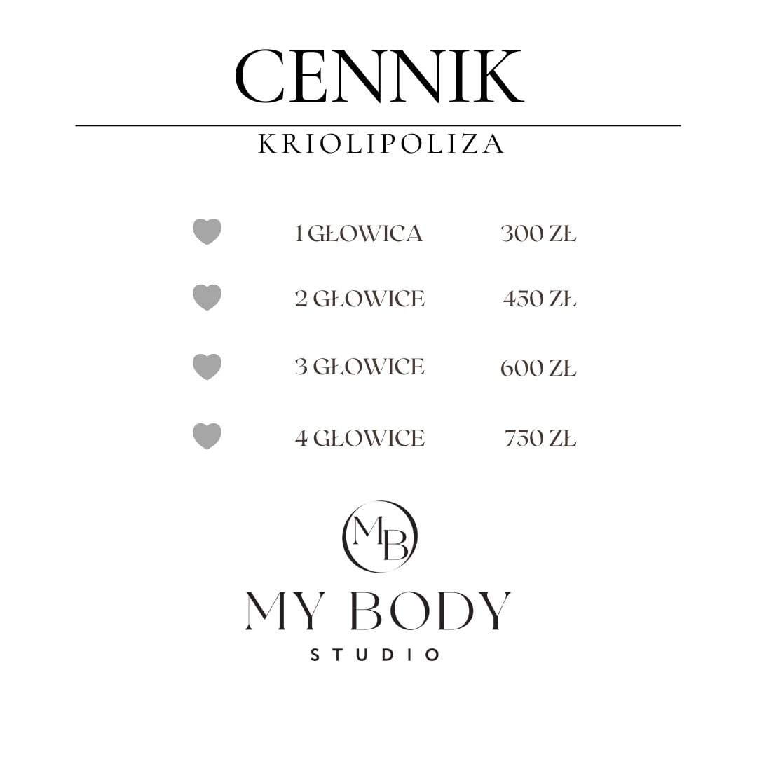 Elegancki cennik zabiegu kriolipolizy, z logo 'My Body Studio', prezentujący ceny w zależności od liczby głowic.