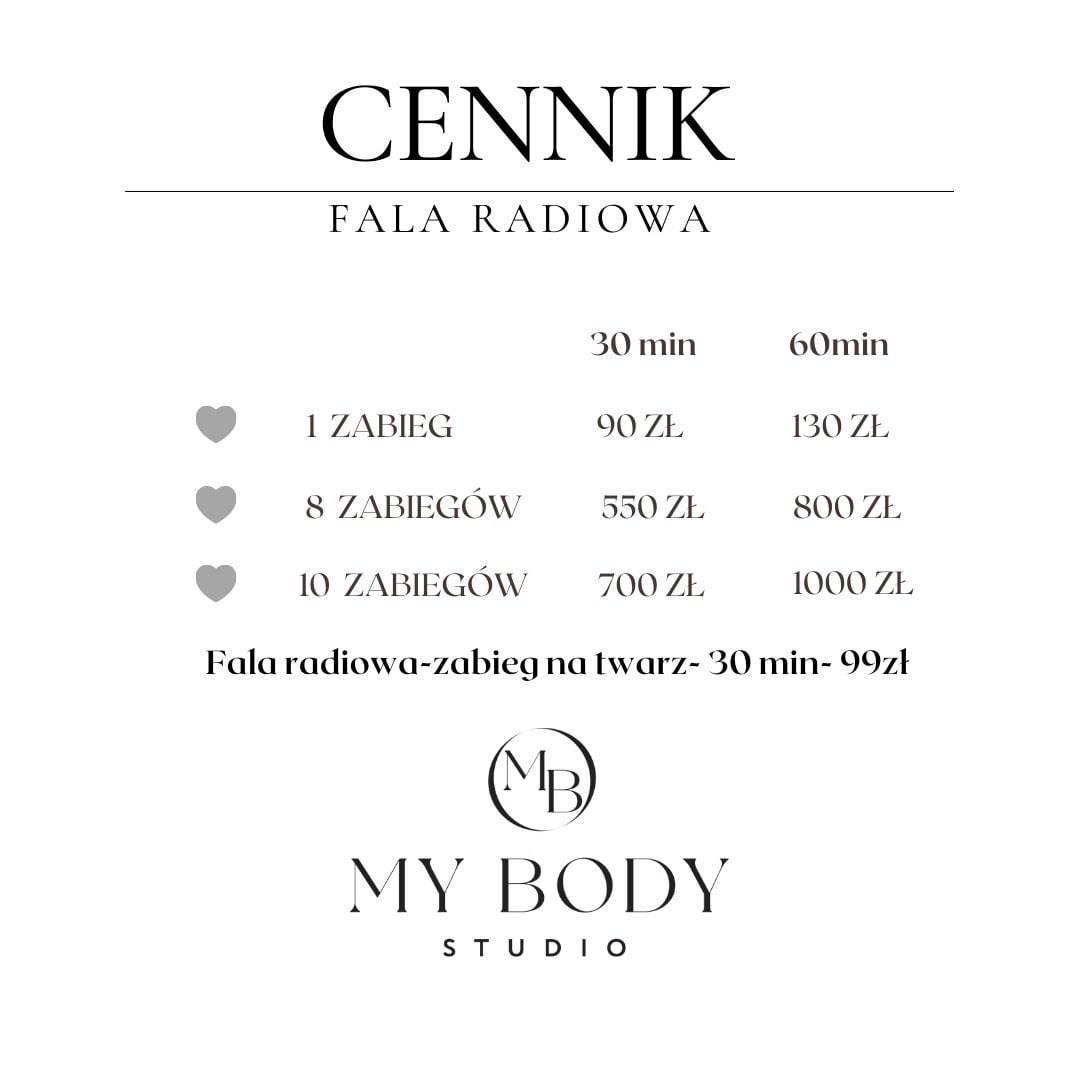 Cennik na falę radiową w salonie kosmetycznym My Body Studio, zawierający ceny za pojedyncze zabiegi oraz pakiety 8 i 10 zabiegów, z podziałem na czas trwania 30 i 60 minut.