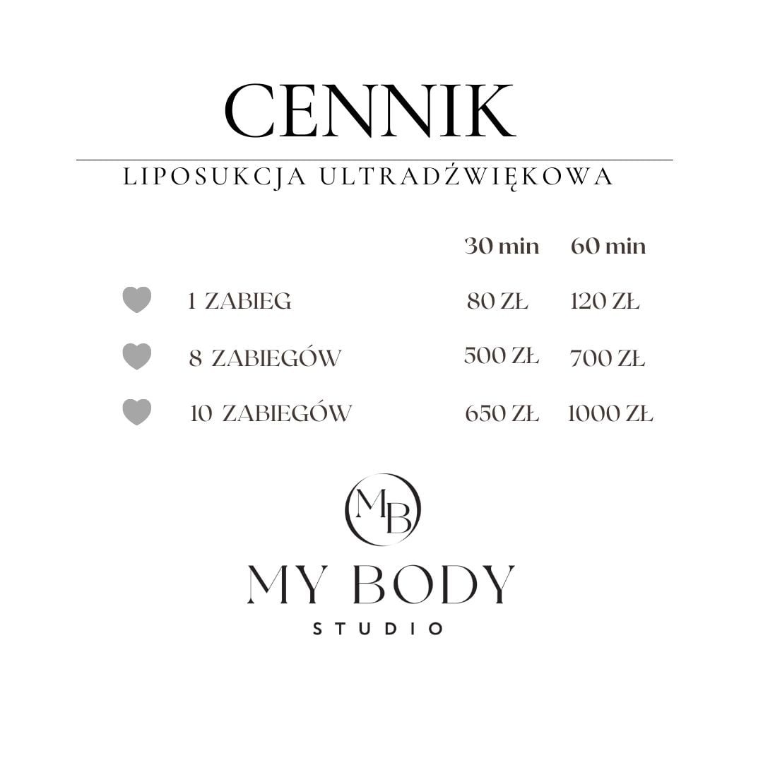 Cennik liposukcji ultradźwiękowej z logo My Body Studio, prezentujący ceny za 1, 8 i 10 zabiegów w wariantach 30 i 60 minut.