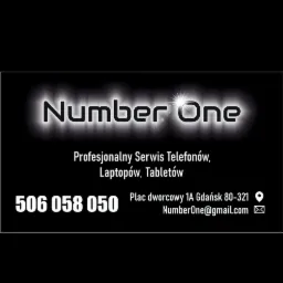 Wizytówka firmy Number One z Gdańska oferującej profesjonalny serwis telefonów, laptopów i tabletów, z numerem telefonu i adresem e-mail.