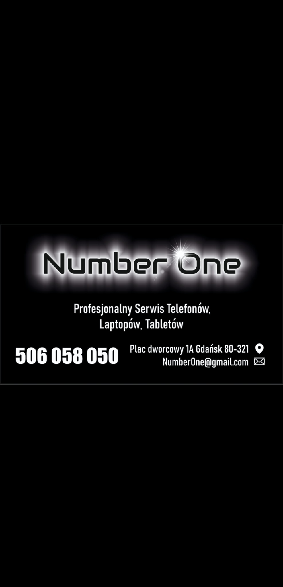 Wizytówka firmy Number One z Gdańska oferującej profesjonalny serwis telefonów, laptopów i tabletów, z numerem telefonu i adresem e-mail.