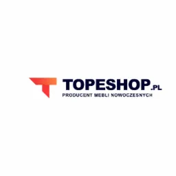 Logo firmy Topeshop.pl, producenta mebli nowoczesnych, z geometrycznym symbolem w odcieniach czerwieni i pomarańczy.