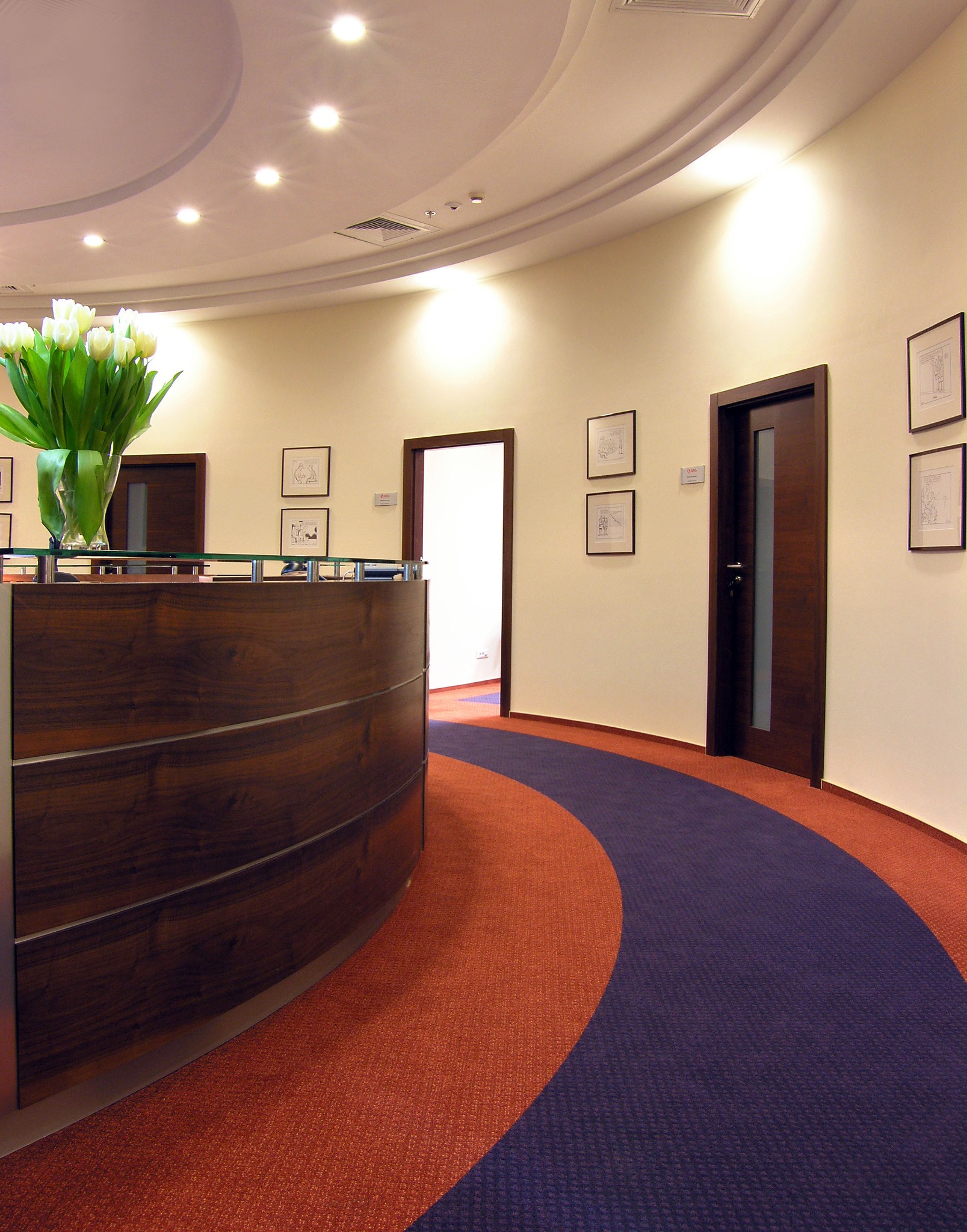 Recepcja z zakrzywioną ladą z ciemnego drewna i wykładziną dywanową w kolorach czerwonym i granatowym, w tle białe ściany z ramkami i bukiet białych tulipanów.