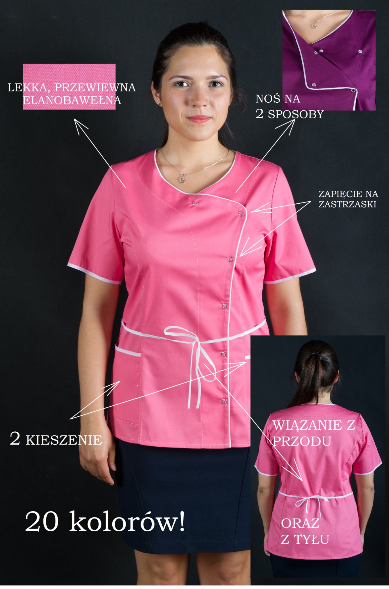 Różowa bluza medyczna z białymi wykończeniami, zapinana na zatrzaski, z możliwością wiązania z przodu lub z tyłu, wykonana z lekkiej, przewiewnej elanobawełny, prezentowana na modelce.