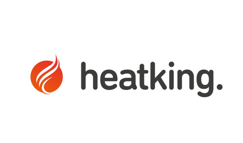 Logo firmy Heatking: pomarańczowy okrąg z trzema płomieniami i ciemnoszary napis 'heatking.'