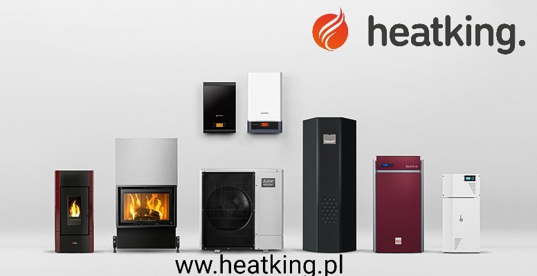Prezentacja różnorodnych urządzeń grzewczych marki Heatking na neutralnym tle, w tym piec na pellet w kolorze bordowym, kominek z paleniskiem, powietrzna pompa ciepła Mitsubishi, oraz wiszące kotły...