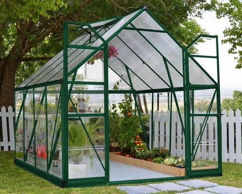 Szklarnia z zieloną ramą, w której rosną pomidory, sałata i inne warzywa, otoczona białym płotem i zielonym trawnikiem.