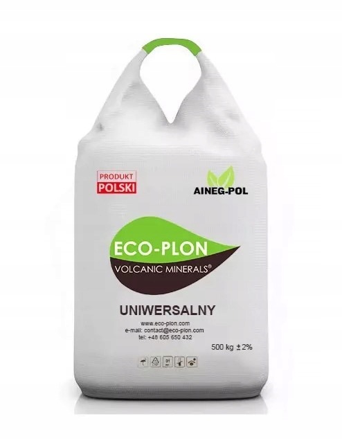 Worek z białego tworzywa z zielonymi uchwytami, na którym widnieje napis 'ECO-PLON VOLCANIC MINERALS' oraz informacja 'PRODUKT POLSKI' i dane kontaktowe producenta.