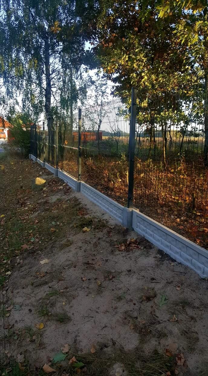 Nowoczesne ogrodzenie panelowe z podmurówką betonową, widok z perspektywy ziemi, jesienne liście na gruncie, drzewa w tle.