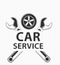 Stylizowany symbol warsztatu samochodowego: skrzyżowane klucze, opona i napis 'CAR SERVICE' na białym tle. Grafika w odcieniach szarości.