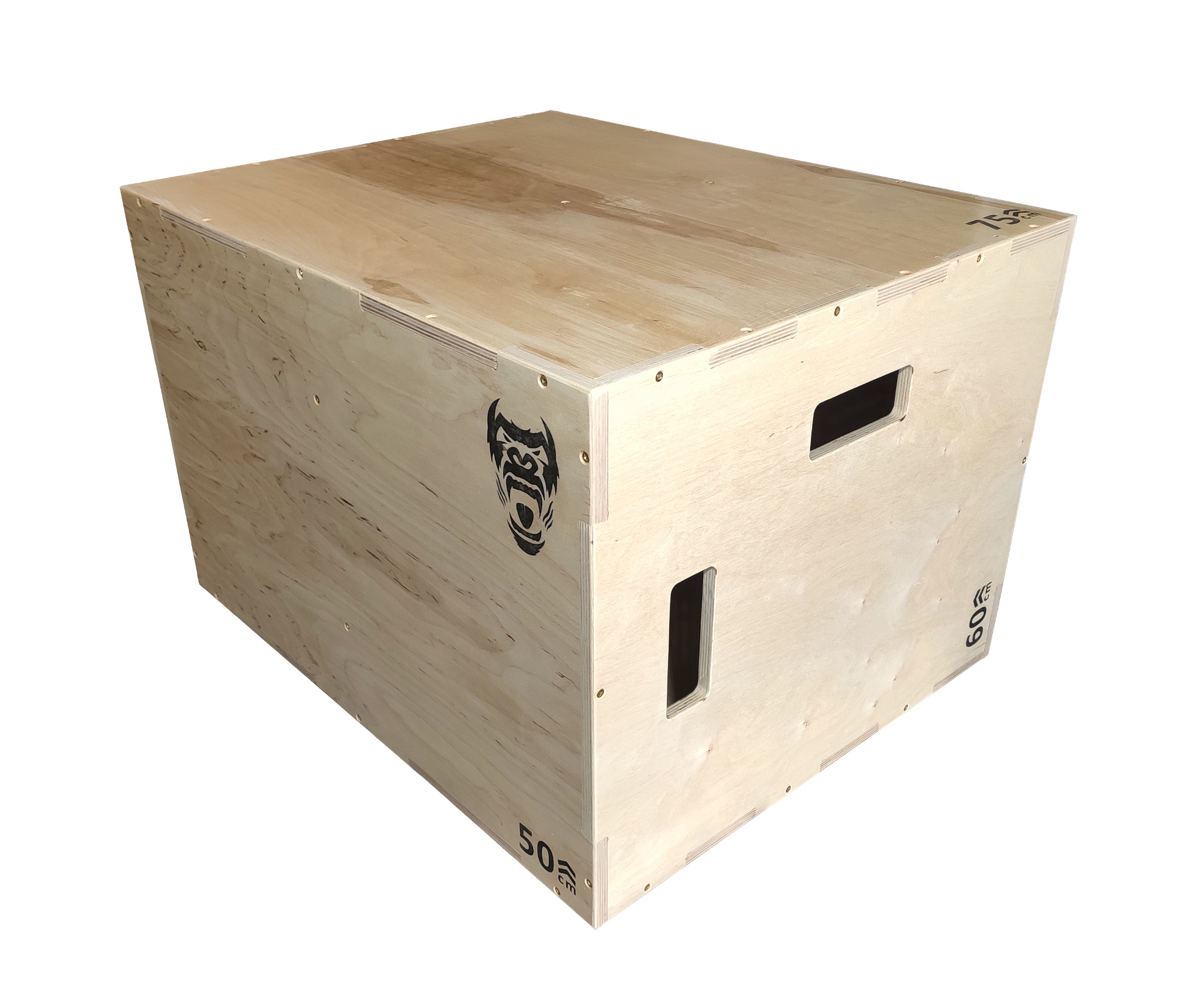 Kwadratowa, drewniana skrzynia do ćwiczeń plyometrycznych z wyciętymi uchwytami i nadrukowanym logo goryla, widoczne wymiary 50, 60 i 75 cm.